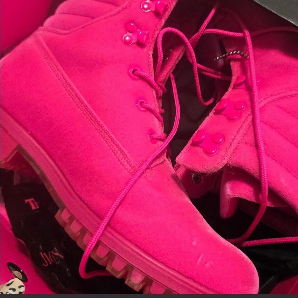 Timberland X Jimmy Choo Hot Pink Lace-Up Suede Boots - Picture 2 of 5